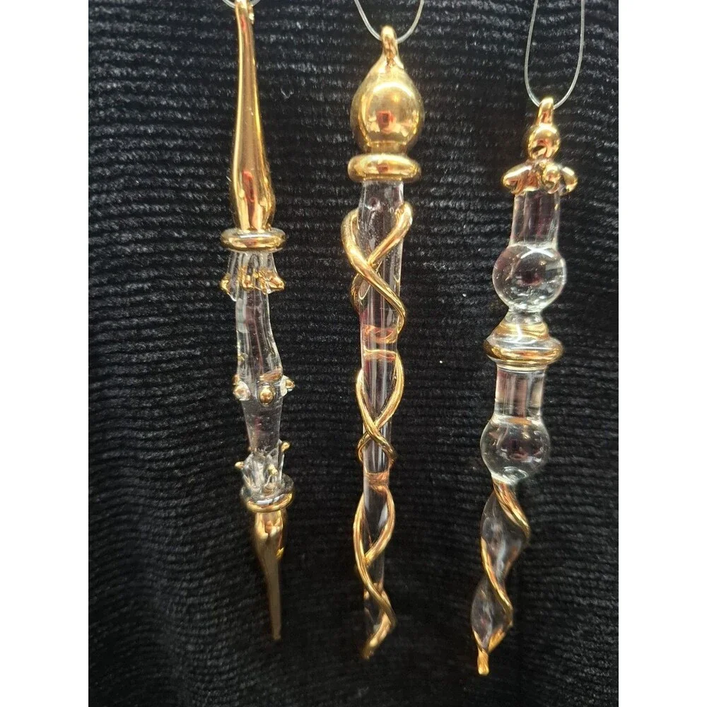Vtg Glass Icicle Christmas Ornaments Clear Gold Accents Set of 4 Hanging 5 in